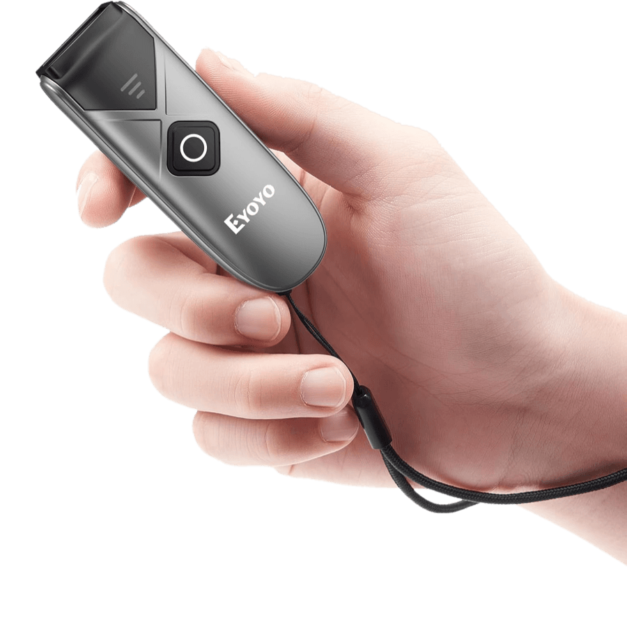 A pocket-size handheld barcode and QR code scanner held in one hand