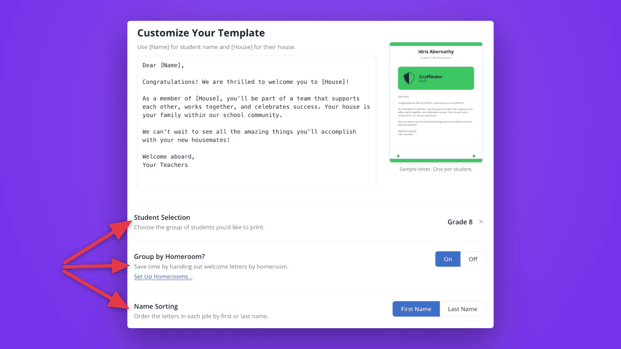 Customizable House welcome letters in LiveSchool