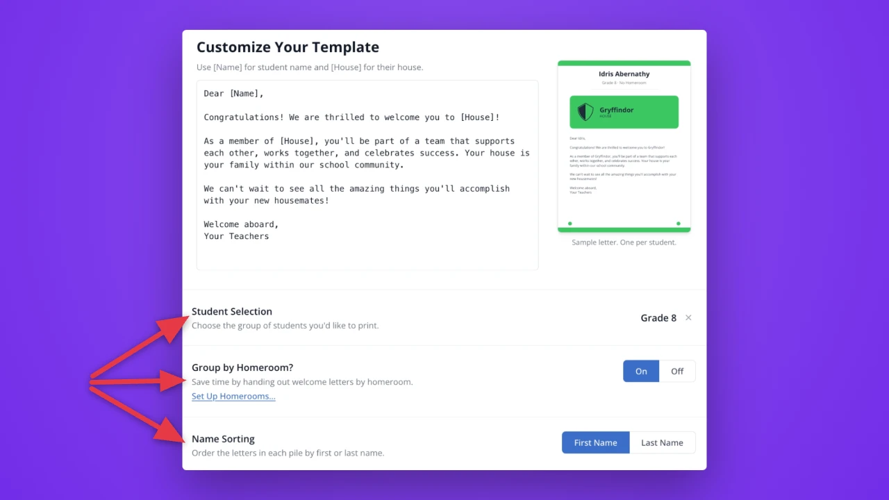 Customizable House welcome letters in LiveSchool