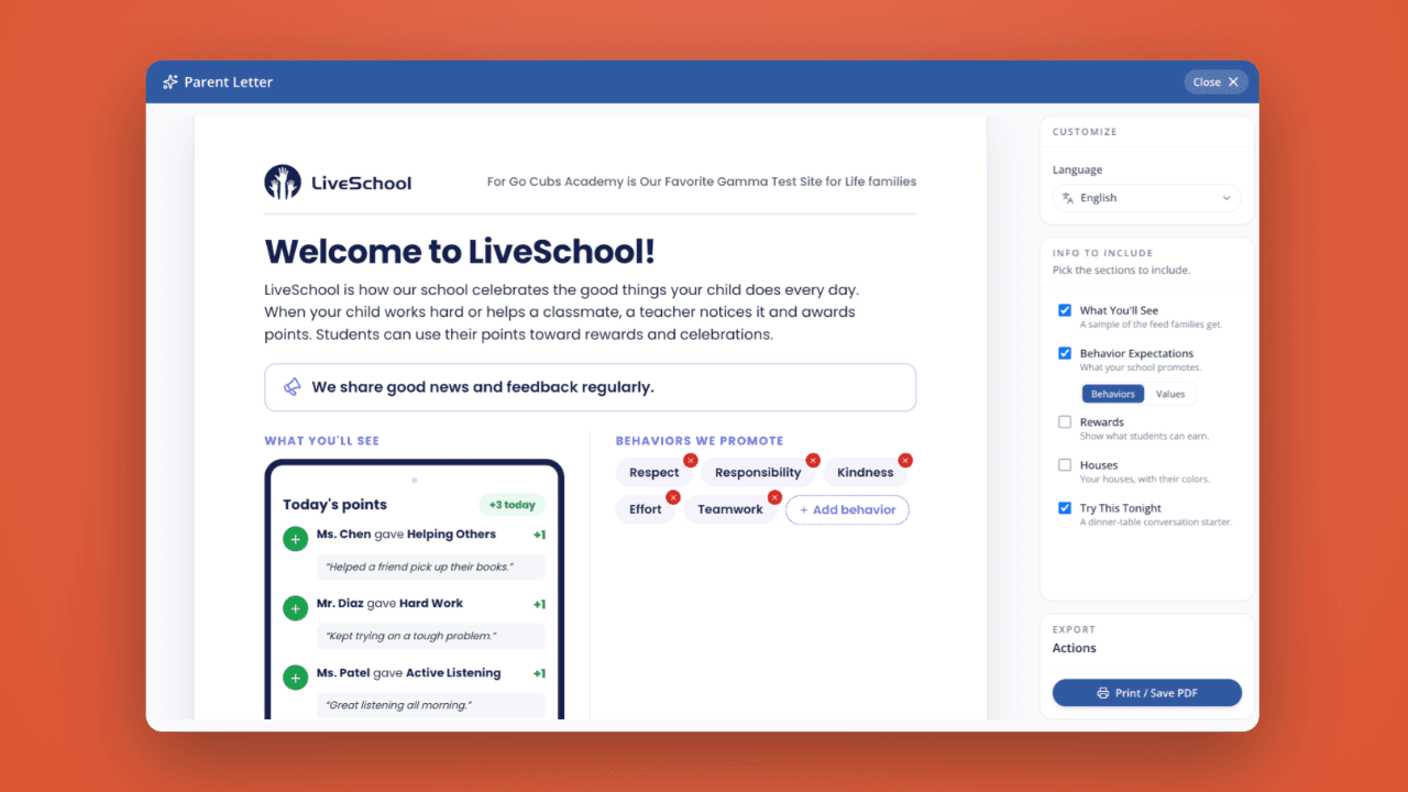 Customize a parent welcome letter in LiveSchool