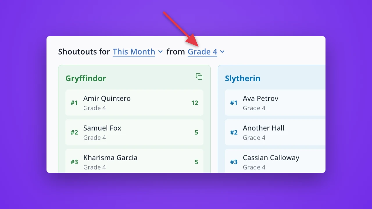 House shoutouts by grade level in LiveSchool