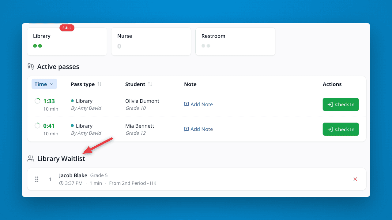 Waitlist on the Hall Pass dashboard in LiveSchool