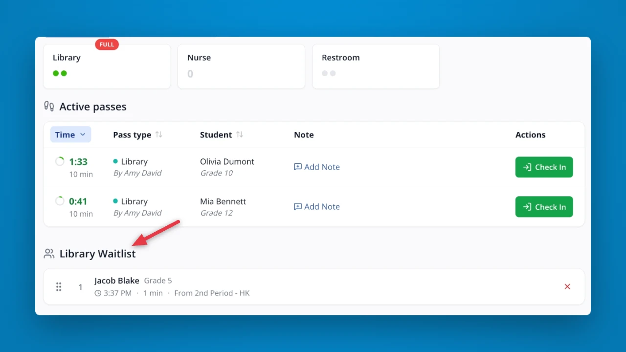 Waitlist on the Hall Pass dashboard in LiveSchool