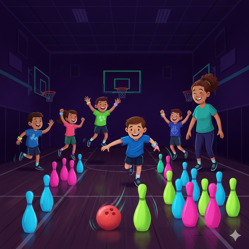 Stylized illustration of elementary students bowling with neon pins in a dark gymnasium during a glow-in-the-dark PE party