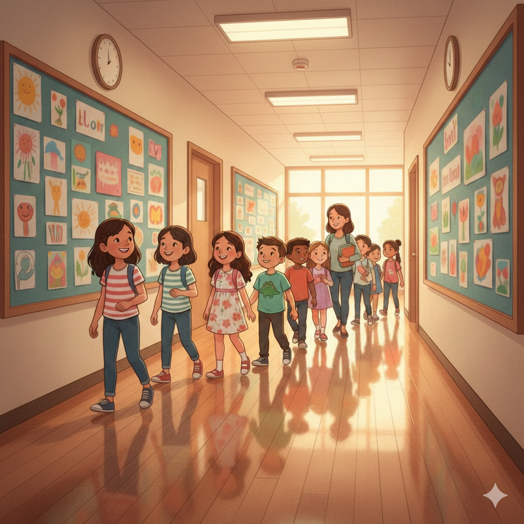 Illustration of elementary students walking in an orderly line through a bright hallway decorated with student artwork