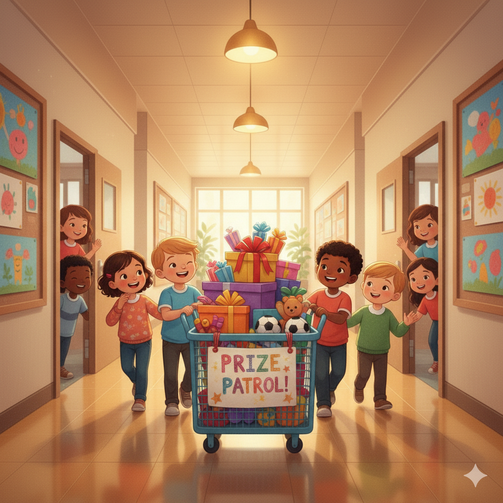 Illustration of excited students pushing a prize-filled delivery cart through a school hallway as classmates peek out of doorways