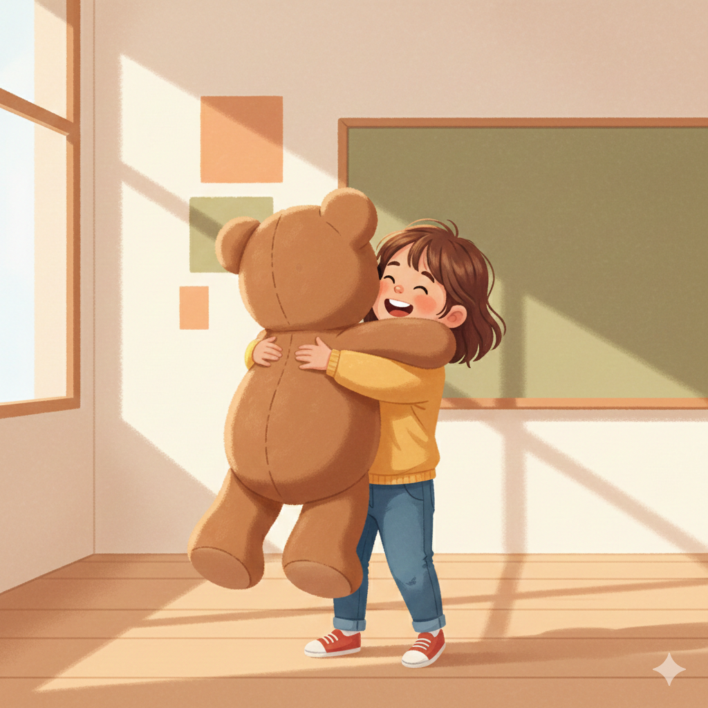 Illustration of a child joyfully hugging a giant teddy bear in a sunny classroom